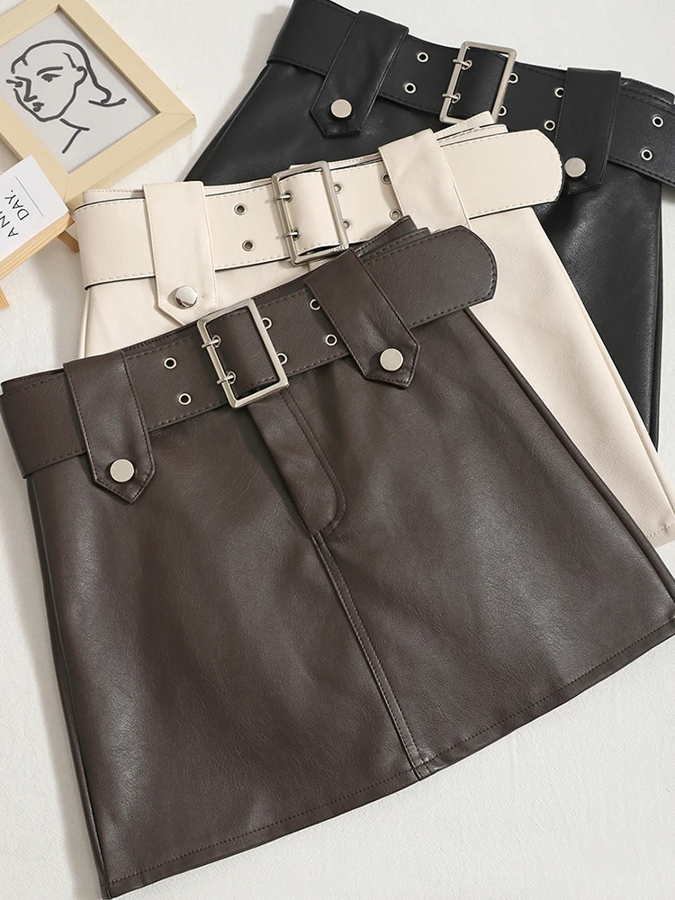 

HELIAR Women Pu Leather Skirt With Belt Tooling Short Skirt High-waist Slim A-line Solid Streetwear Skirt For Women 2022 Autumn