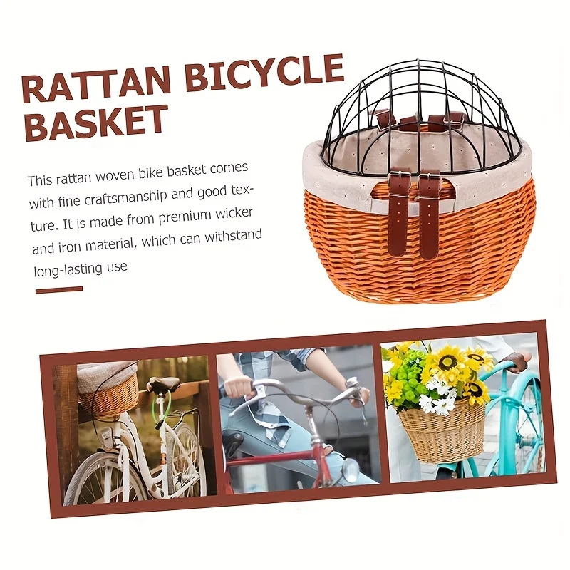Baisher Woven Rattan Bike Basket with Lid Durable Acrylic Fiber Pet-Friendly Front Carrier for Dogs & Cats