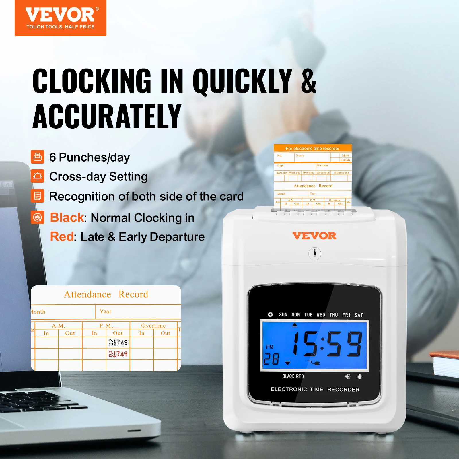 VEVOR Punch Time Clock Employees 6 Punches/Day 102 Cards 1 Ink Ribbon 2 Security Keys Attendance Machine