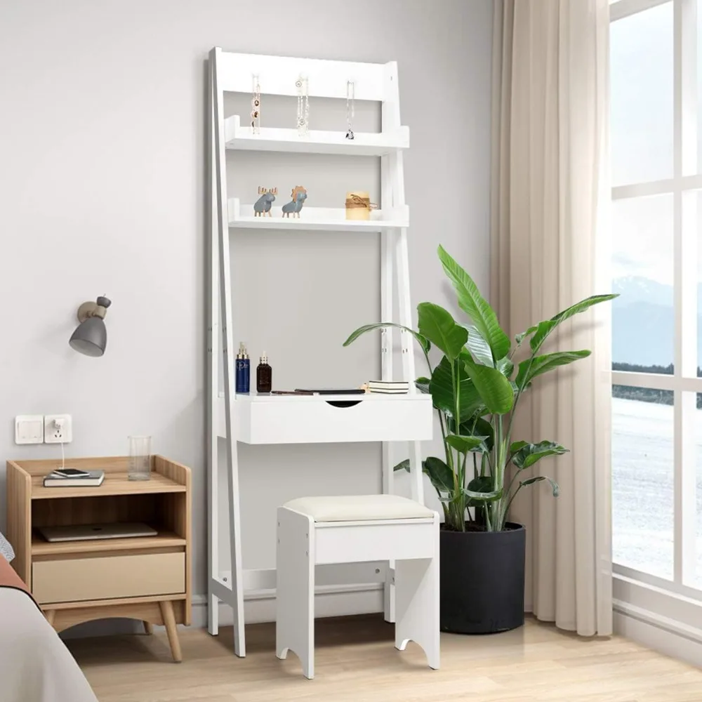 

Dressers, Vanity Set with Flip Top Mirror, 6 Makeup Organizers, Shelves, 3 Hat Hooks Vanity Table Desk Bookshelf Dressers