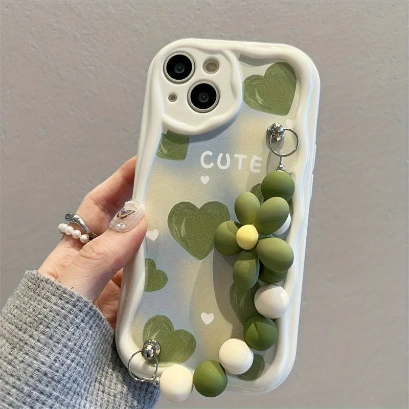 Green Heart Wavy-Edge Pattern Phone Case with Flower Bead Lanyard - Soft Cover