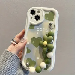 Green Heart Wavy - Edge Pattern Phone Case with Flower Bead Lanyard - Soft Cover - iPhone 15 Plus (1)