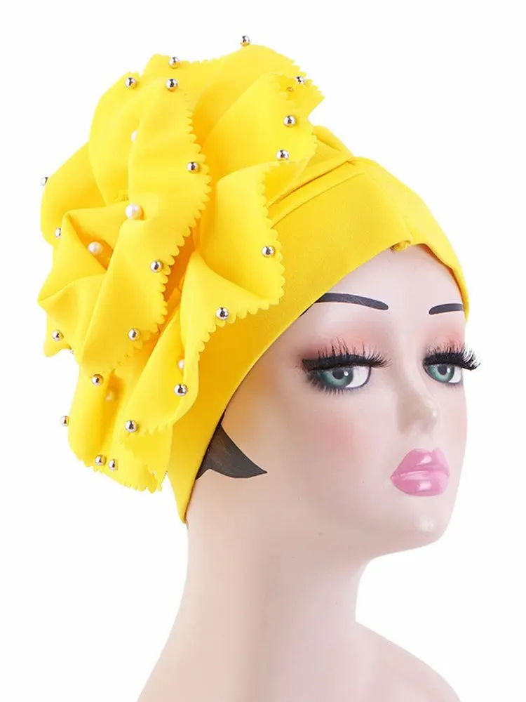 Latest Wedding Party Cap Big Flower Turban for Women Beaded Bandanas Headscarf Hair Cover Wrap Muslim Hijab Girls Ac