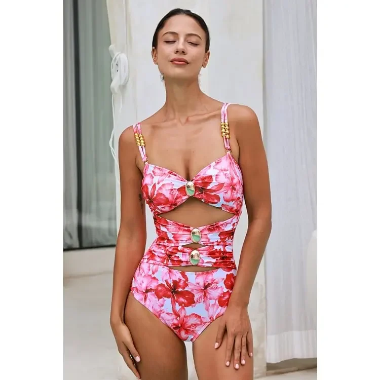 2024 Women's swimsuit New Cutout Flower Print  One Piece two-piece  Summer Women  Beachwear Bathing  suit Swimwear