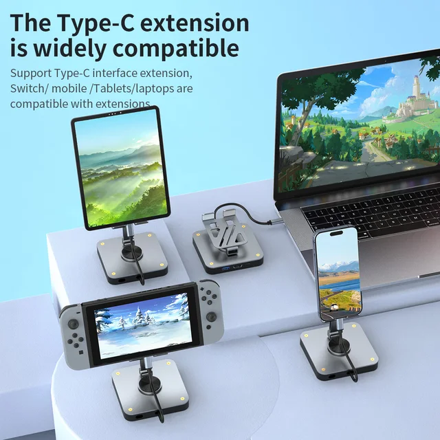 USB C HUB 3 in 1 Type C 2.0 to HDMI 4K60Hz Docking Station USB C Hub with Rotatable Cellphone Stand for Switch, Phone, Laptop 6
