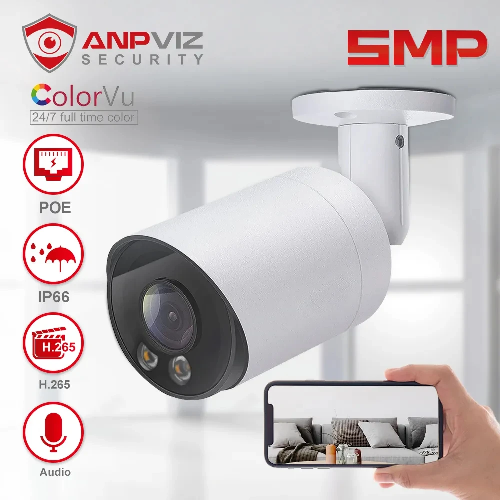 Anpviz 5Mp Poe 24/7 Colorvu Ip Camera Starlight Outdoor Security Bullet Cctv Camera Ir 30M Microfono Integrato Ip66 H.265 Danale App