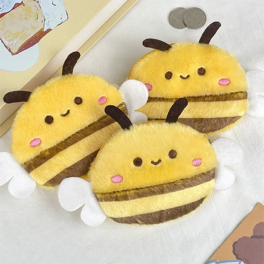 Cute Little Bee Plush Coin Purse Cartoon Children's Coin Wallet Mini Purse for Girl Headphone Lipstick Storage Bag Birthday Gift