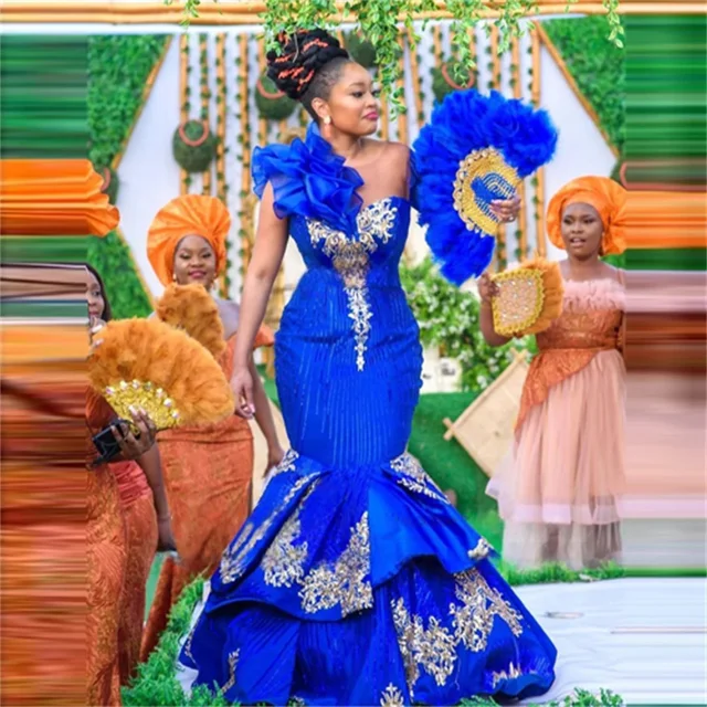 Royal Blue Long Prom Dresses For Black Girls One-shoulder Appliques African Evening Gowns Birthday Party Robe Customized 1