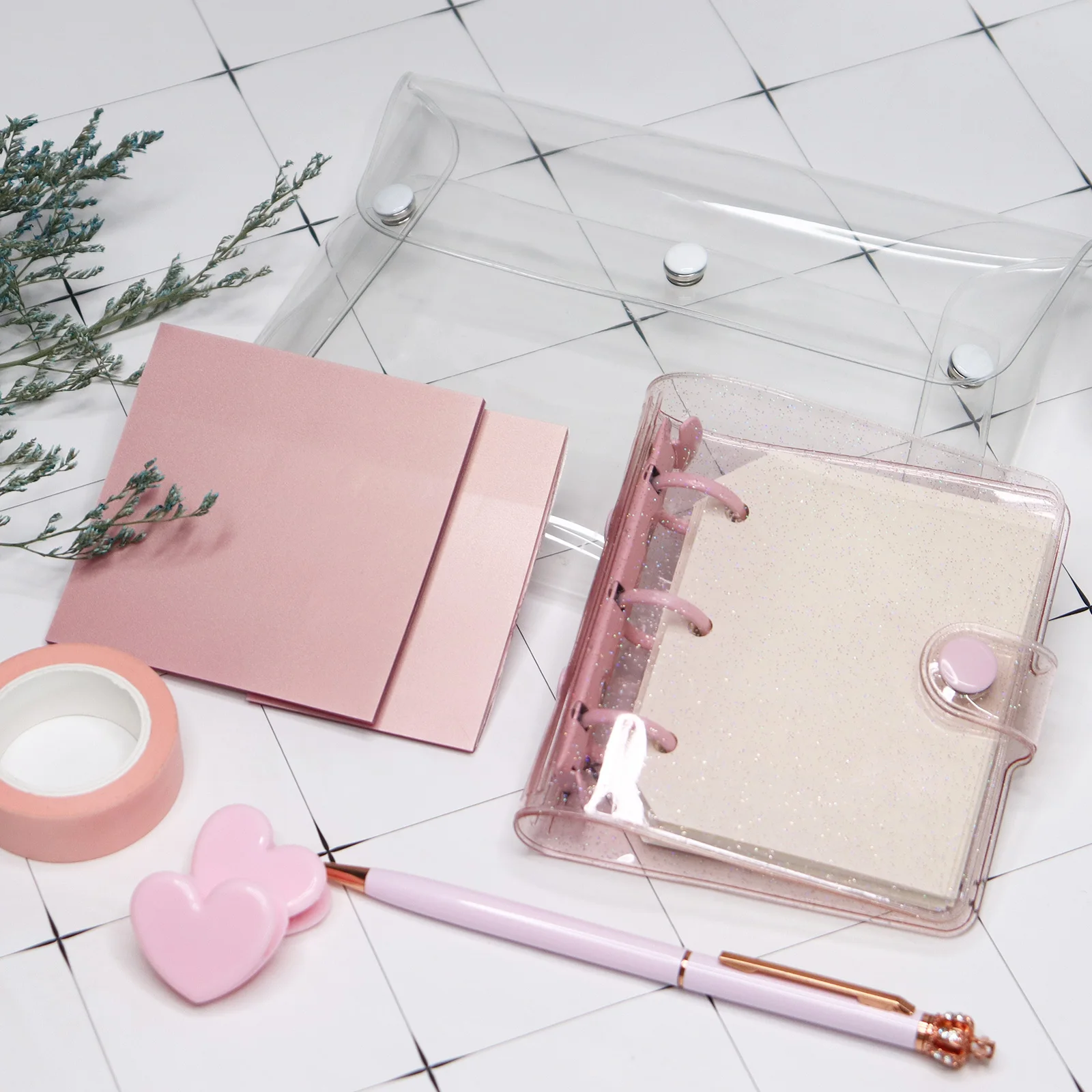 Mini Scrapbook Pink Stationery Set For Girl 3 Hole Loose-leaf A8 Mini Binder File Folder Hand Account Ring Binder Diary Book
