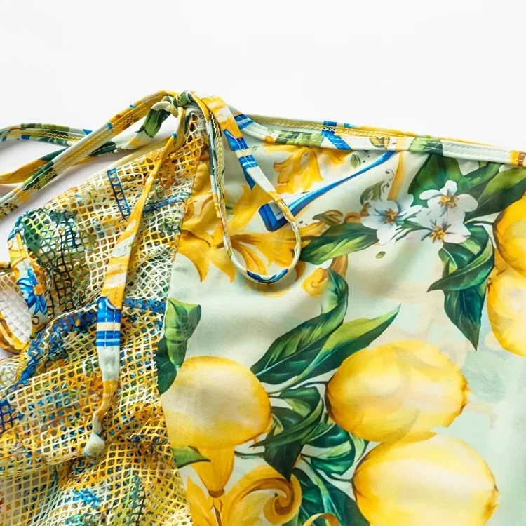 2023 New Lemon Print V Neck Push Up  One Piece Swimsuit and Skirt Summer Swimwear  Women  Beachwear Bathing Suit