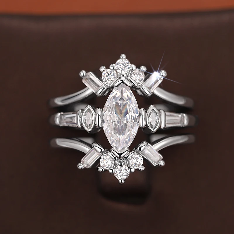 Bling Jewelry Set 3 Anelli Impilabili In Argento 925 Con Zirconia Cubica - Tagli Baguette, Marquise E Tondo