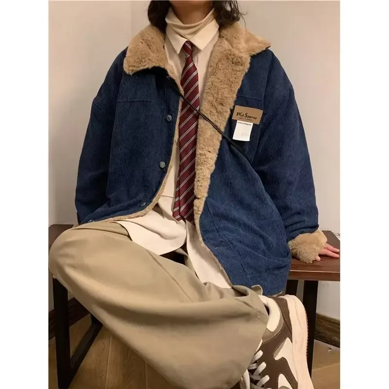 Men's Retro Corduroy Padded Jacket Women Winter Loose Casual Thickened Cotton Turndown Collar Single-breasted Long Sleeves Tops