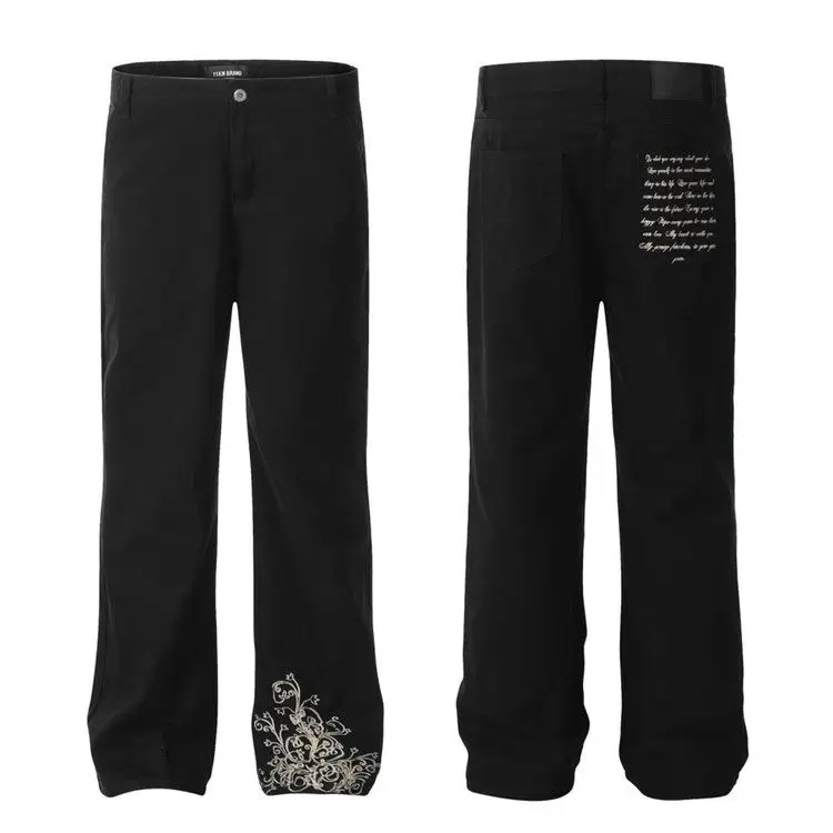 American black jeans men embroidered leg silhouette ins niche fashion loose casual Korean style simple versatile straight pants