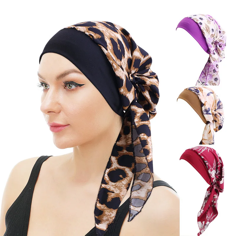 Women Satin Printed Pre-tie Headscarf Elastic Muslim Turban Cancer Chemo Sleep Hat Hair Loss Cover Head Wrap Headwear Bandana