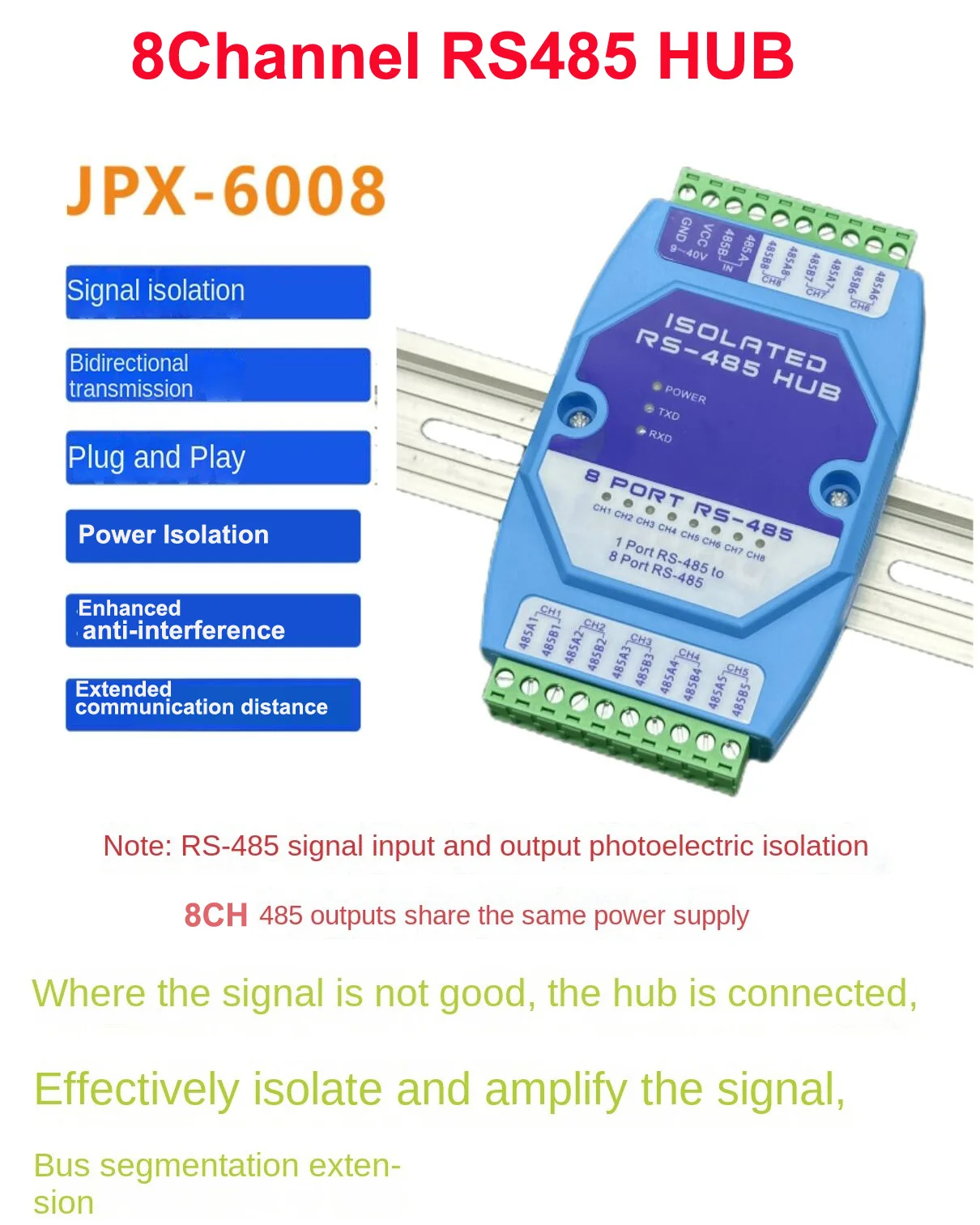 Industrial RS485 Hub 2/4/8/16 Channel Full/ Optoelectronic Isolation Distributor