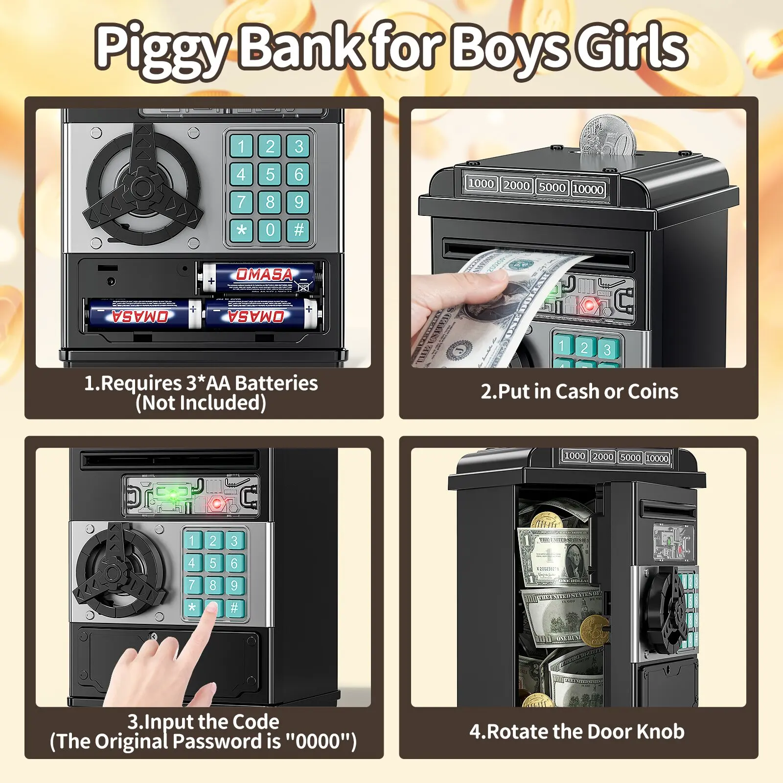 Large Electronic Money Coin Banks with Password Protection, Automatic Paper Money Scroll Saving Box, Great Gift for Kids Age 3+ 4