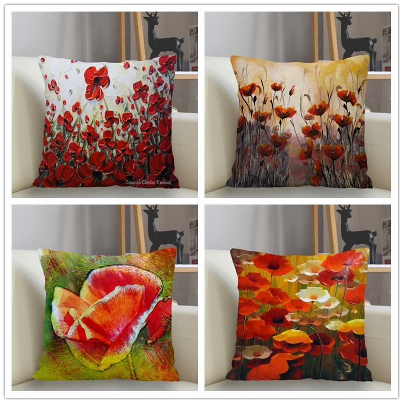 

Bedroom Living Room Home Decor Cushion Cover Poppy Flower Pattern Pillowcase Square Pillowcase