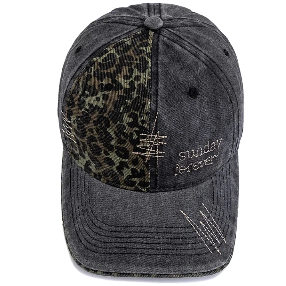 Neue Y2K-Baseballkappe, modische Leoparden-Patch-Mütze aus gewaschener Baumwolle für Damen, lässiger Boho-Streetwear-Stil, trendige Damenmützen. – Detail 6
