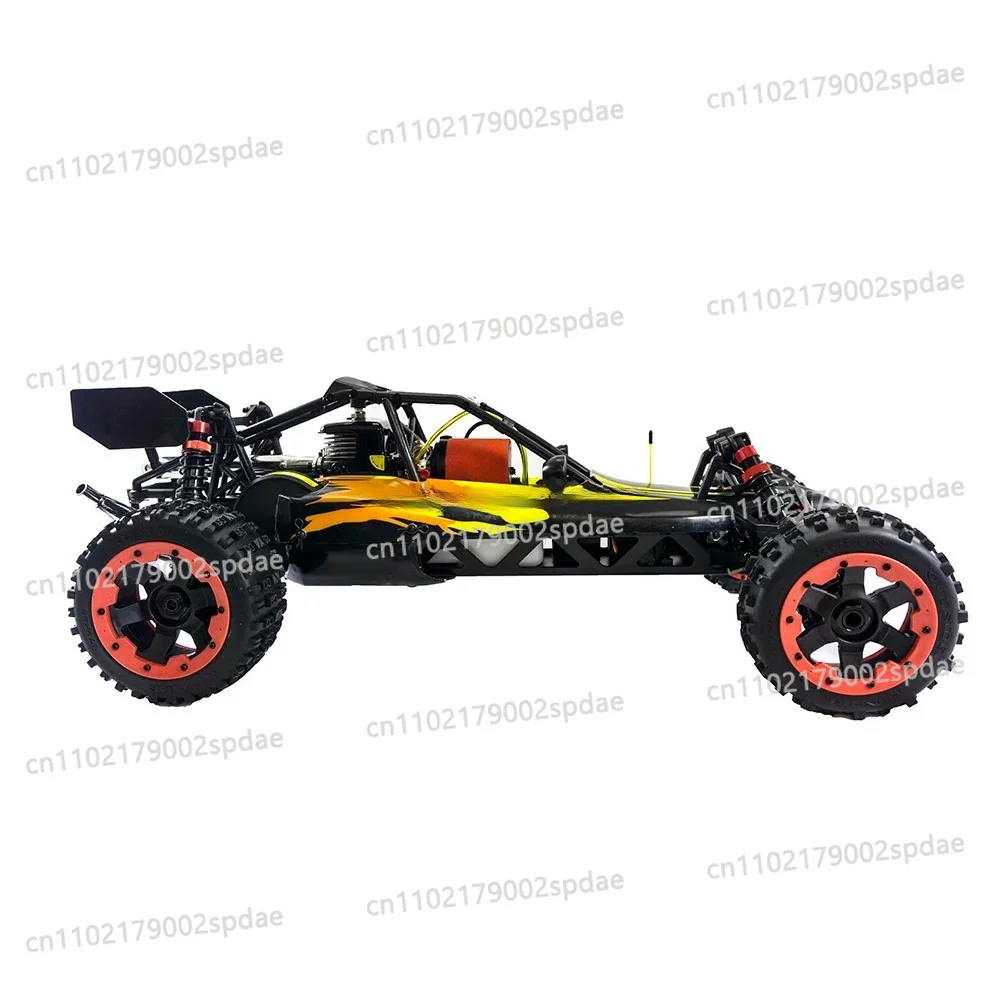 Voiture RC 60km/h verte avec télécommande 2.4GHz, vue de dessus détaillant les suspensions et les pneus crantés