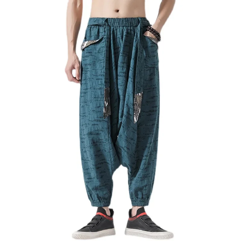 

Men Hip Hop Baggy Cotton Harem Pants Mens Linen Wide Leg Trousers Male Chinese Style Vintage Cross Pants Crotch Robe Pants