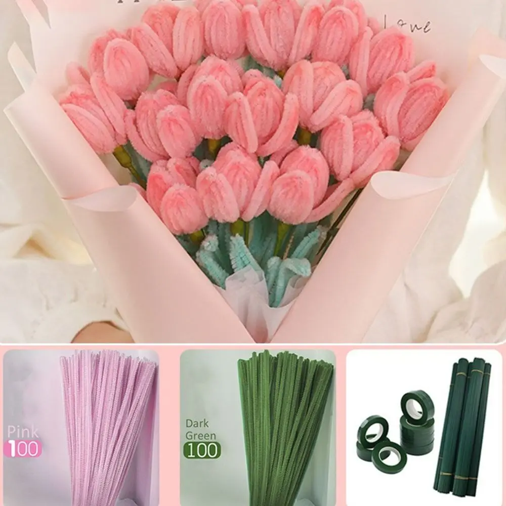 Macaron Color Fuzzy Wire DIY Tulips Flower Bouquet 100pcs