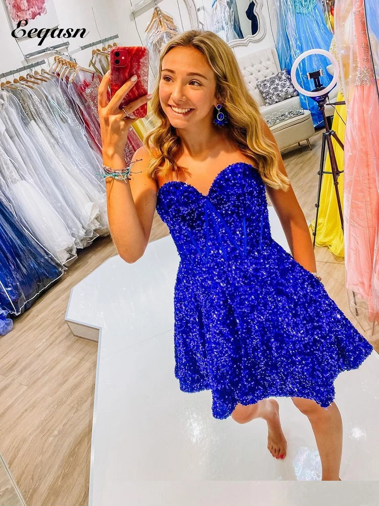 Sparkly Short Cocktail Dress Royal Blue V Neck Dresses