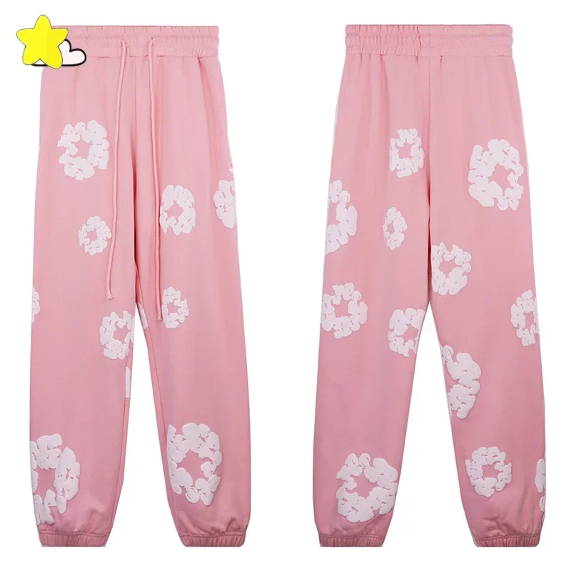 

23FW Streetwear Casual Pink Denim Tears Sweatpants Men Women 1:1 Tags High Quality 100% Cotton Classic Kapok Puff Print Pants