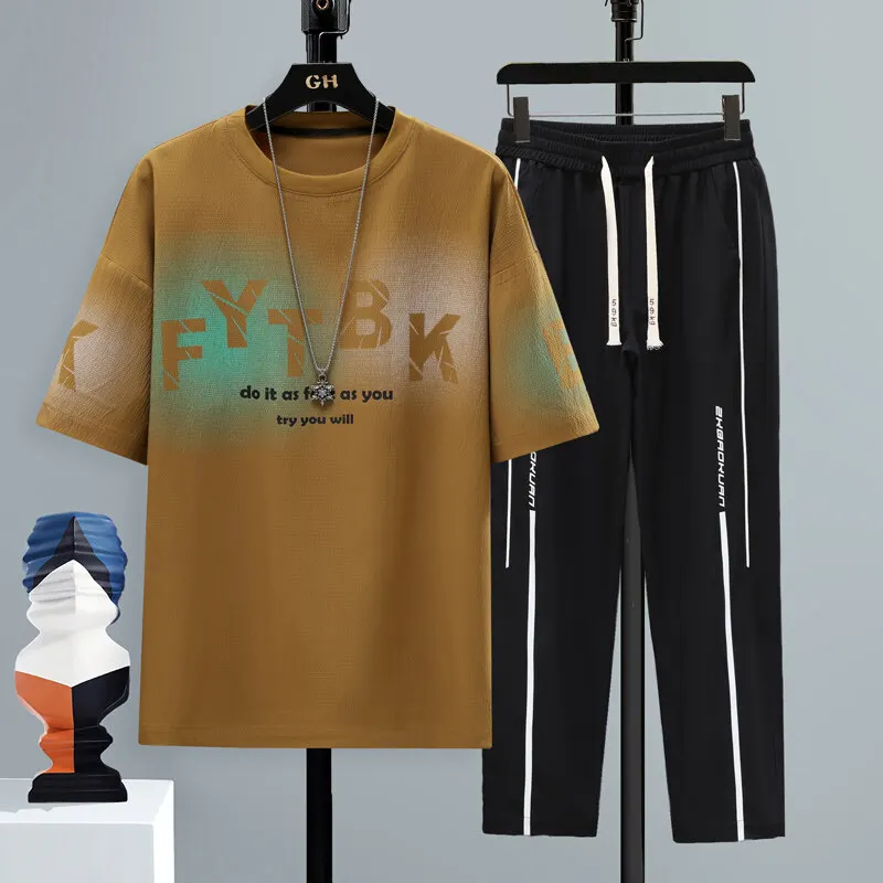 أزياء الصيف قمصان قصيرة الأكمام مجموعات الشباب عارضة تي شيرت والسراويل كاملة طول 2 قطعة مجموعة Sreet ارتداء رياضية الملابس