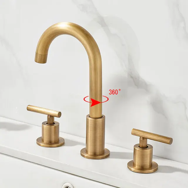 ก๊อกสามหลุมทองเหลืองโบราณสไตล์ยุโรปสำหรับอ่างล้างหน้าห้องน้ำห้องน้ำแบบย้อนยุคอ่างล่างหน้าด้วยมือก๊อกน้ำร้อนและน้ำเย็น YK-007 5