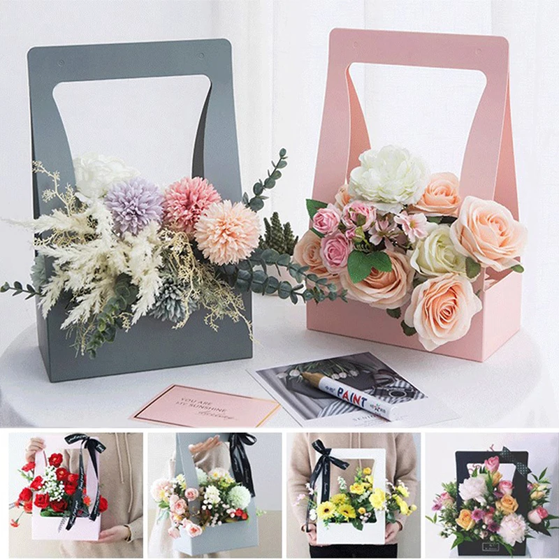 Lot De 6 Sacs Cadeaux Fleurs - Panier Fleurs En Papier - Blanc, Noir, Rose - Poignée Métal - Pour Anniversaire, Saint-Valentin