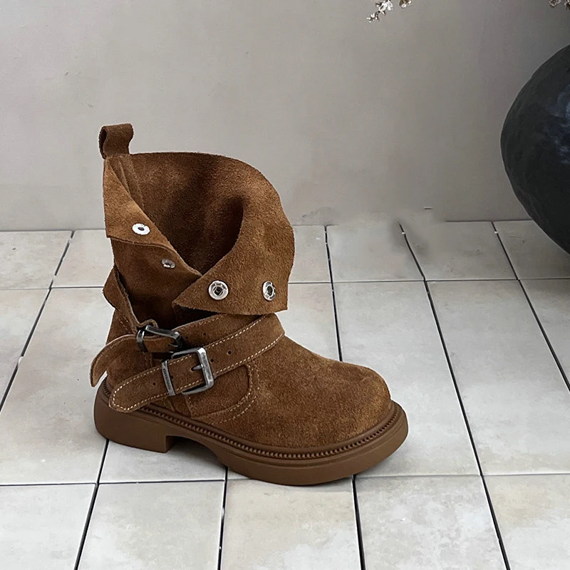 2025 New Children's Autumn Boots Classic Trend Girls Causal Ankle Boots Retro Fashion Kids Simple Leather Short Boots Round-toe