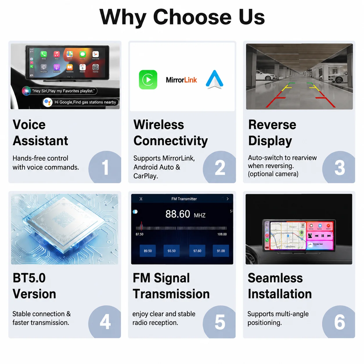 Pantalla Carplay de 10.26 Pulgadas, Reproductor Multimedia Universal Inalámbrico con Carplay y Android Auto, Control por Voz Inteligente, Pantalla Táctil, Bluetooth 3