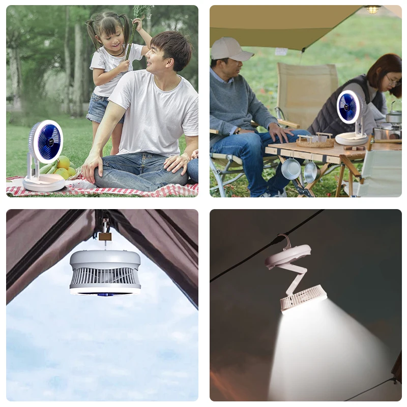 

4 in 1Multifunctional Folding Fan Portable Rechargeable USB Fan Air Cooling Fan Stand Desk LED Light Outdoor Camping Ceiling Fan