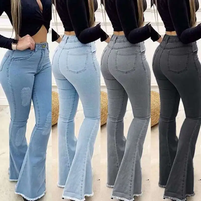

Gray Flare Jeans Women Spring Sexy Push Up High Waist Stretch Skinny Boot-cut Denim Pants Woman Black Tassel Bell Bottoms Jeans