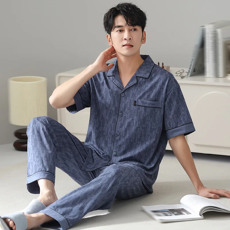 Summer Men's Thin Pure Cotton Pajamas Lapel Short Sleeve Cardigan Pants Oversized Home Clothing Set Casual Comfortable Sleepwear