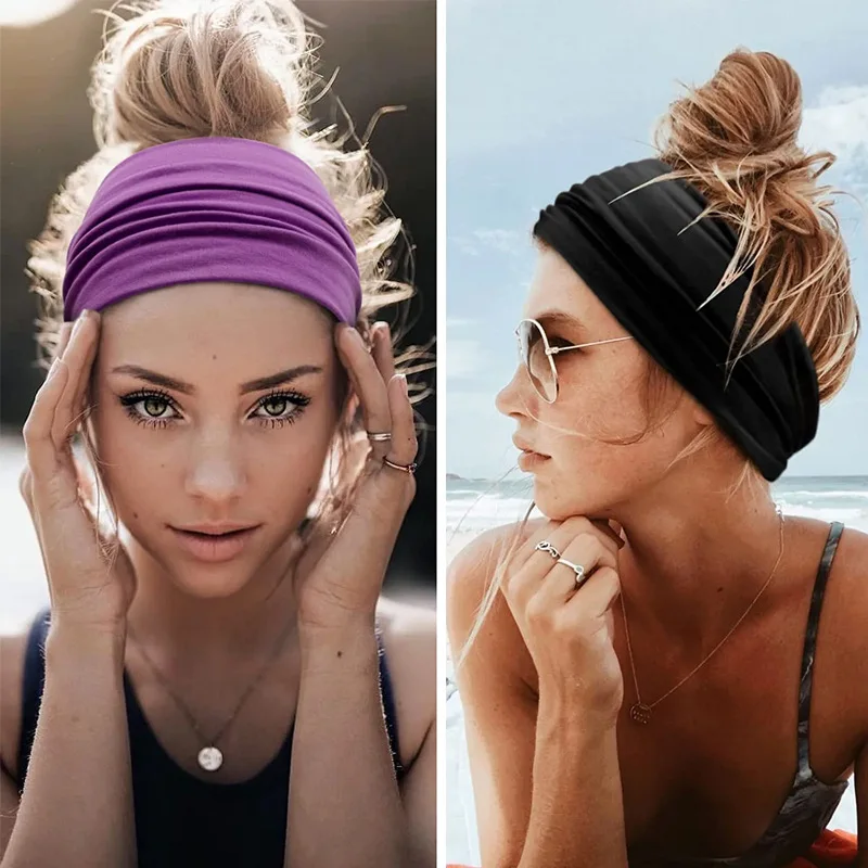 

Hair Bands Women Sports Running Head Wear Fitness Yoga Fashion Elastic Bandana Solid Color Cotton Wide Turban Hair Accessories