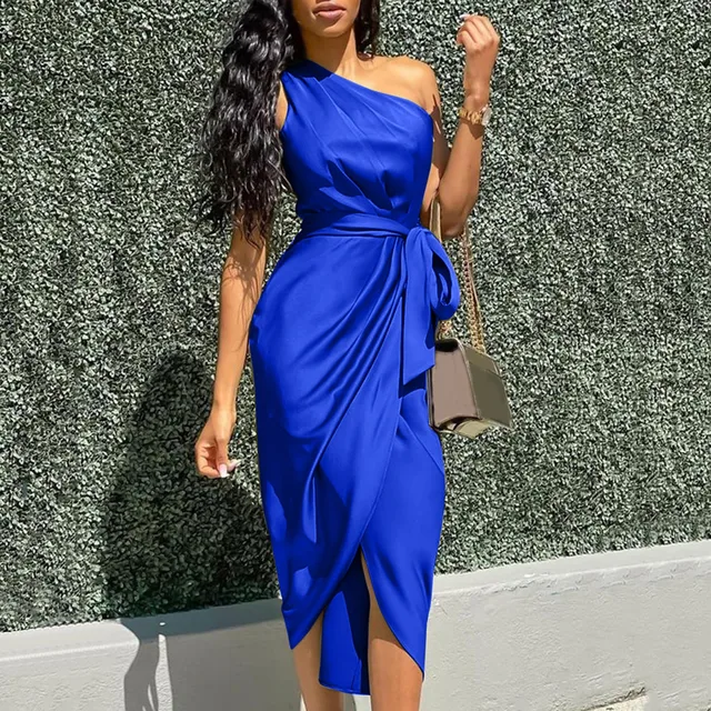 Elegant One Shoulder Satin Dress with Slit for Women Evening Party - Image 3