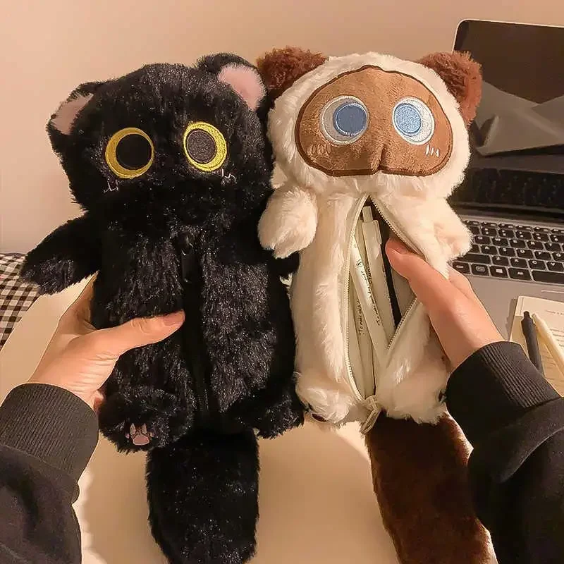 Cartoon Plush Big-Eyed Cat Pencil Case Super Soft Fun Doll Large Capacity Pencil Bags Multi-Functional Stationery Storage Bag 1