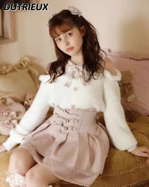 

Single-Breasted Knitted Sweater Japanese-Style Autumn Winter Sweet Woolen Off-Shoulder Lace Slim-Fit Long Sleeve Short Knitwear