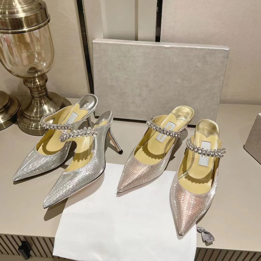 

Silver sandals for women in spring and summer 2023new style rhinestone slim high heels, sexy mesh hollowed out bib half slippers