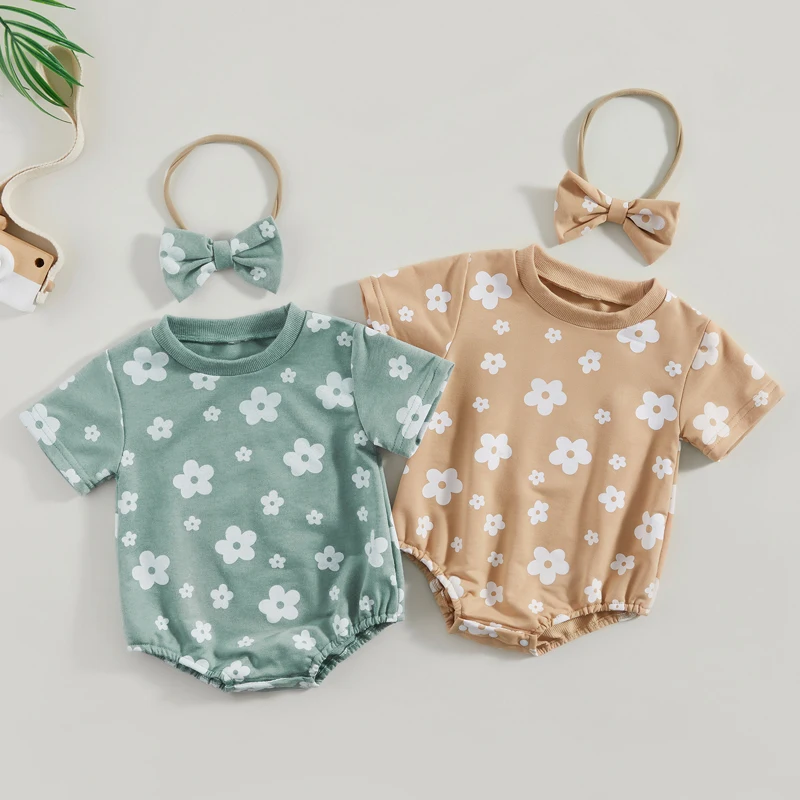 

Newborn Baby Girls Rompers Clothes Summer Short Sleeve Round Neck Floral Print Rompers Jumpsuits + Headband Casual Outfits