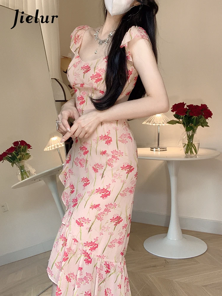 jielur Summer Elegant Retro Floral Midi Dress French Sweet Even Party Short Sleeve Print Lace Dress One Piece Dress Korean Chic