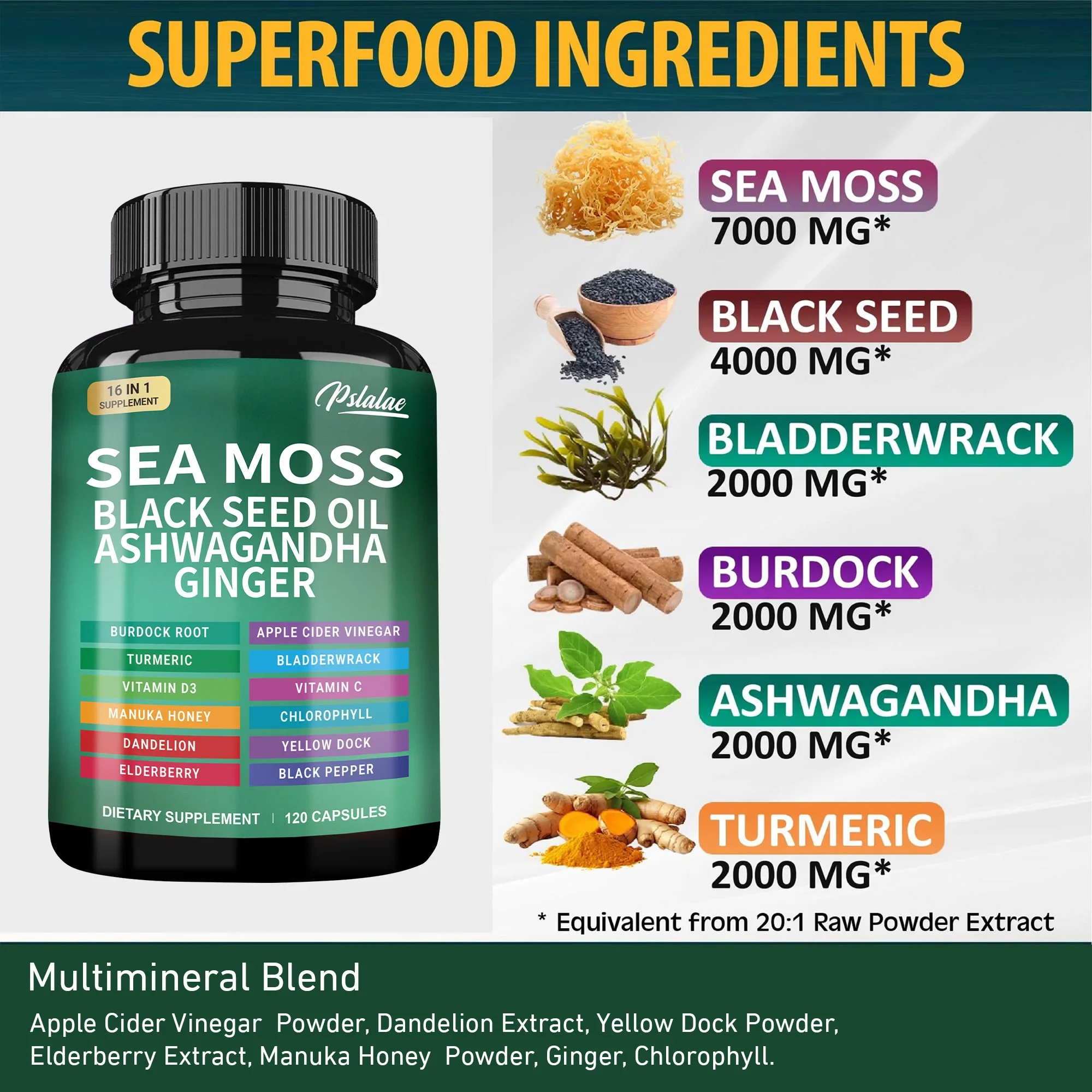 Sea Moss Black Seed Oil Ashwagandha Ginger Boosts The Immune System Promotes Digestion and Joint Health 120 Capsules