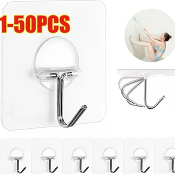 1-50PCS Hooks Transparent Adhesive Wall Hooks Stainless Steel Strong Self Adhesive Key Storage Hanger for Kitchen Bathroom Door 1