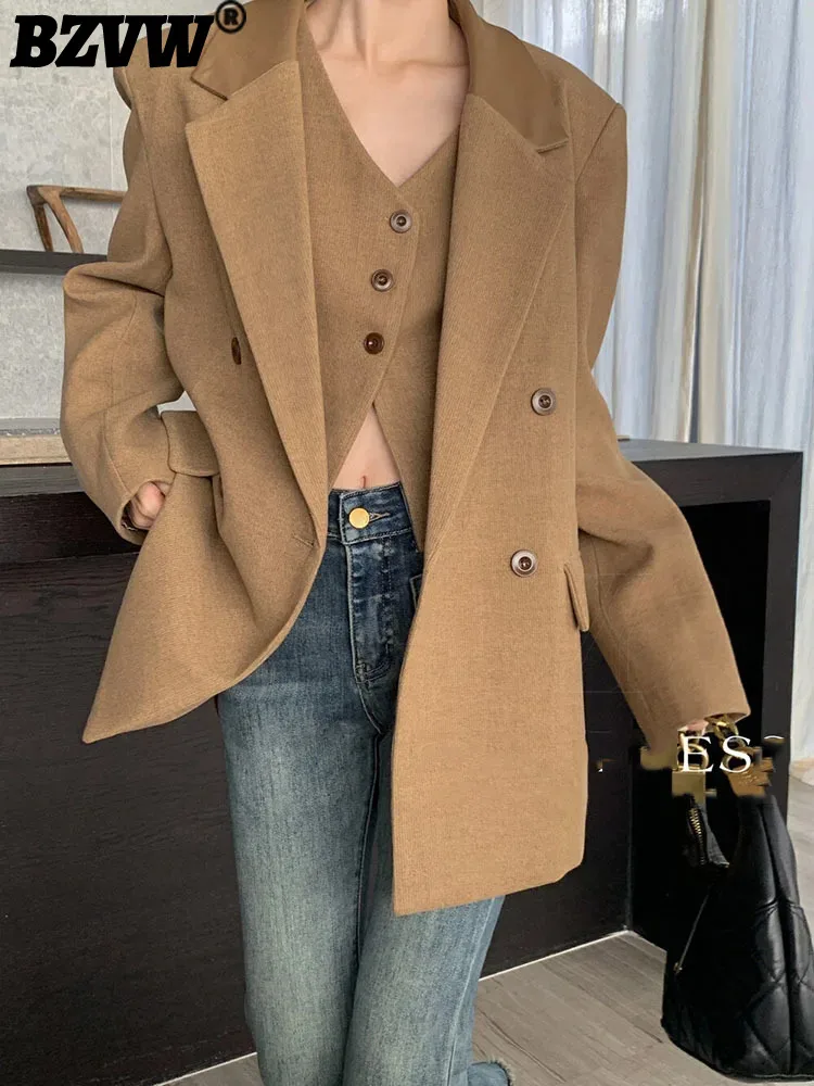 

BZVW Blazers For Women Autumn Winter New Korean Edition Design Feel Loose Fit Woolen Vest Two Piece Set Vintage Mid Length Coat