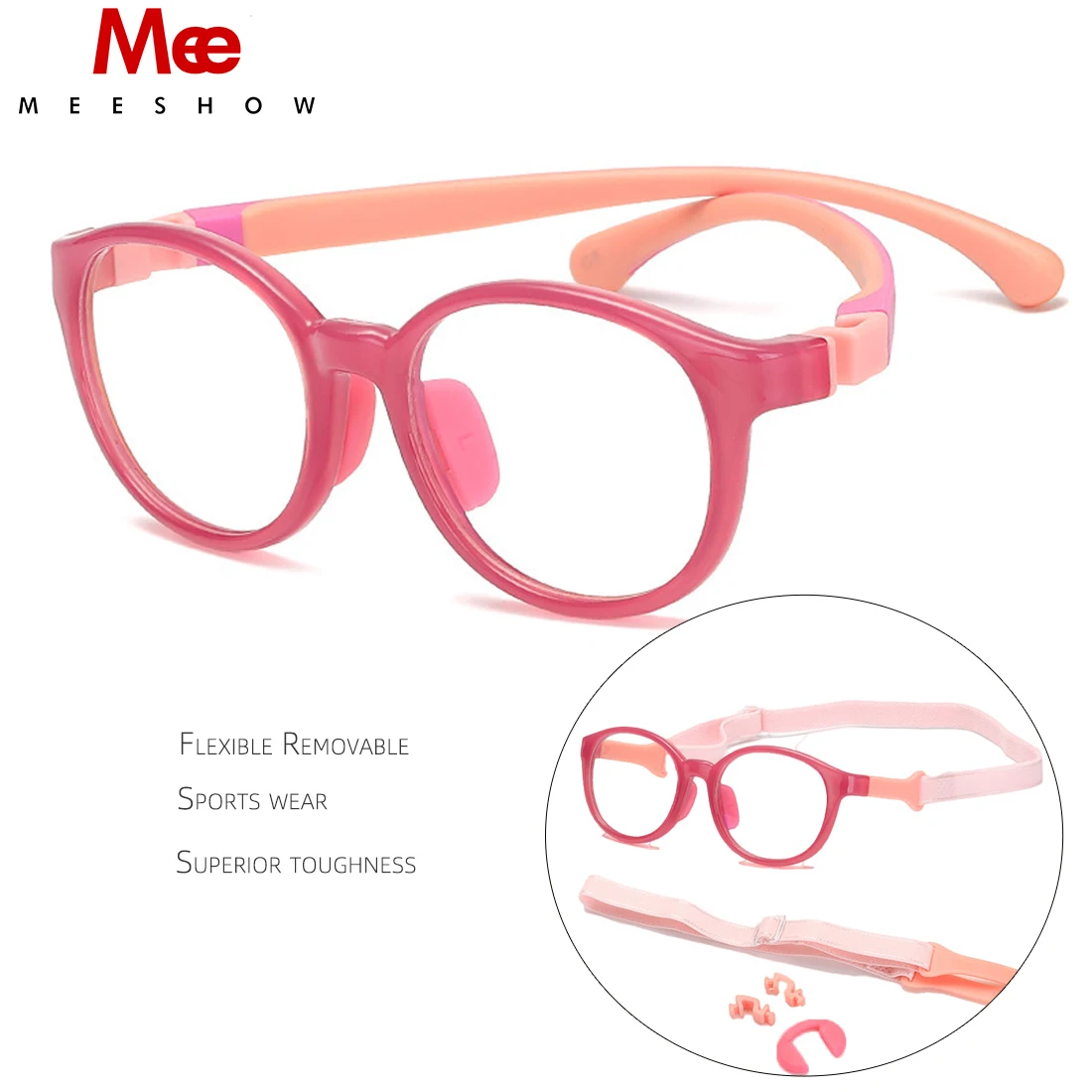 MEESHOW Children Silicone Anti-blue light Glasses TR90 Flexible Removable Flat Non-slip Sport Eyeglasses Frame Girls Boys Click