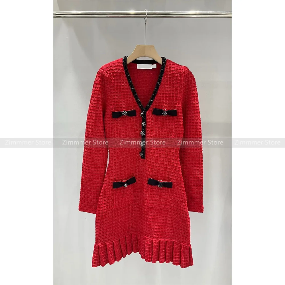 

Женское трикотажное платье с бусинами, яркое платье знаменитости с V-образным вырезом и тяжелым бантом, весна 2024