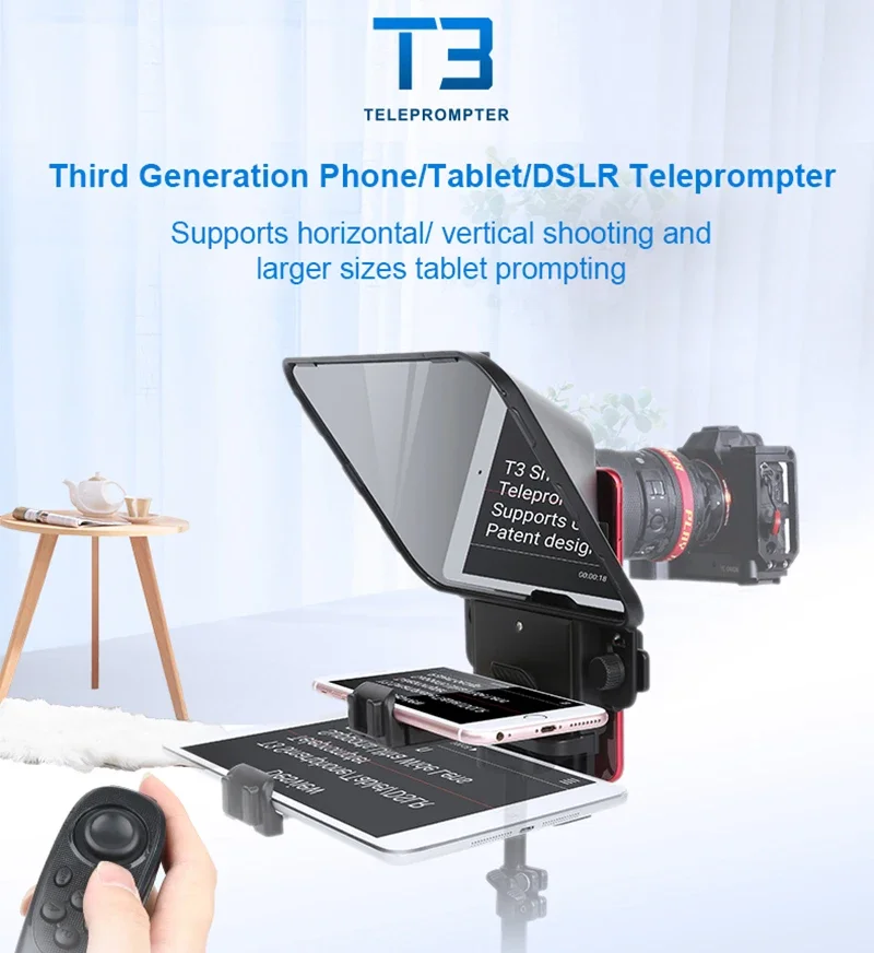 Desview T3 3 세대 텔레프롬프터, DSLR 카메라, 휴대폰, 태블릿용, 최대 11 인치 렌즈 장착, 리모컨 경량