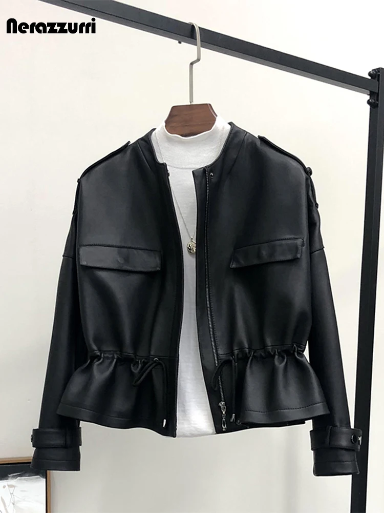 

Nerazzurri Spring Short Black Light Soft Pu Leather Jacket Women Drop Shoulder Long Sleeve Drawstring Runway Korean Fashion 2021