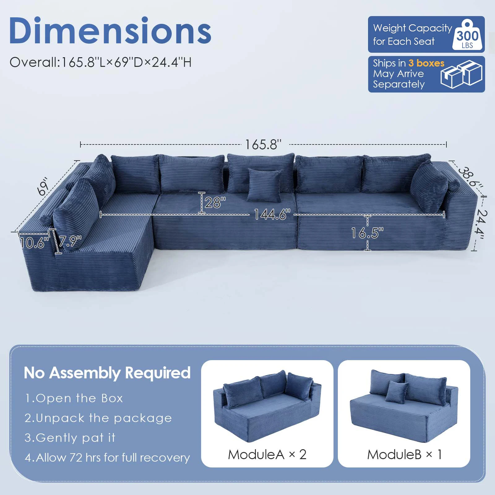 Redlife 165" Boneless Couch with Ottoman, 6 Seat Modular Sectional Sofa,Blue Corduroy Upholstery,28" Deep Seat,Removable Covers 6